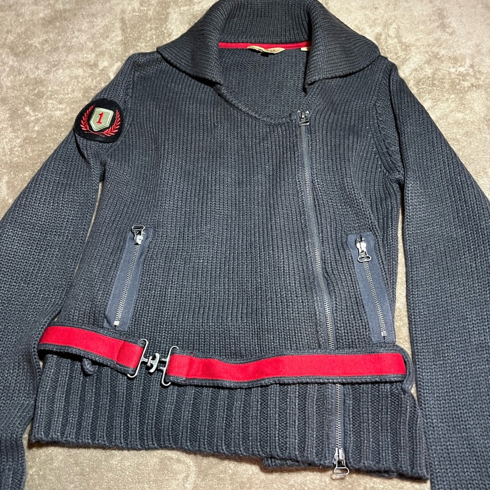 Gray Knit Jacket vintage military style with Red Accents